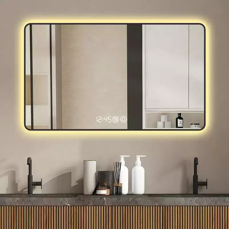 48 x 32 Black Aluminum Alloy Frame Bathroom Vanity Mirrors with Rounded Corners Vanity Mirror Tri Color Light Defogging