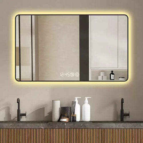 48 x 32 Black Aluminum Alloy Frame Bathroom Vanity Mirrors with Rounded Corners Vanity Mirror Tri Color Light Defogging
