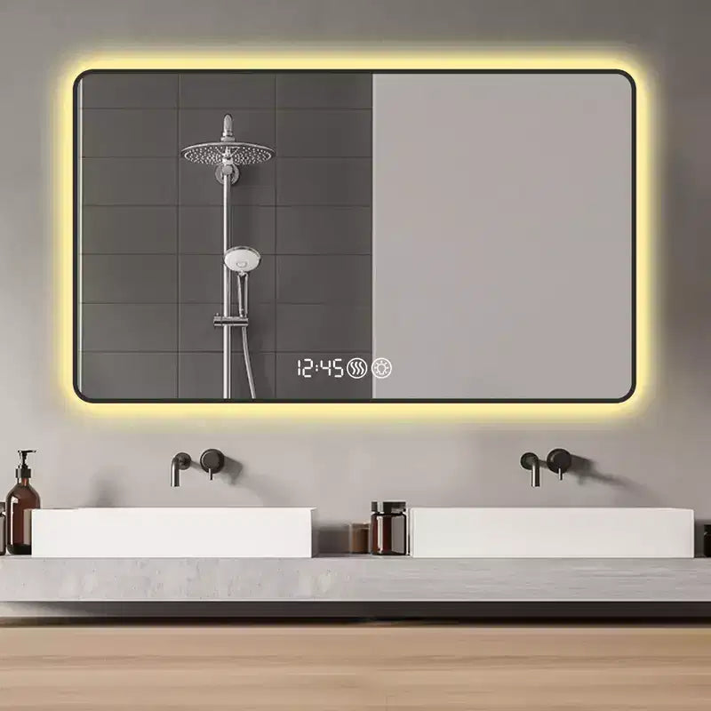 48 x 32 Black Aluminum Alloy Frame Bathroom Vanity Mirrors with Rounded Corners Vanity Mirror Tri Color Light Defogging