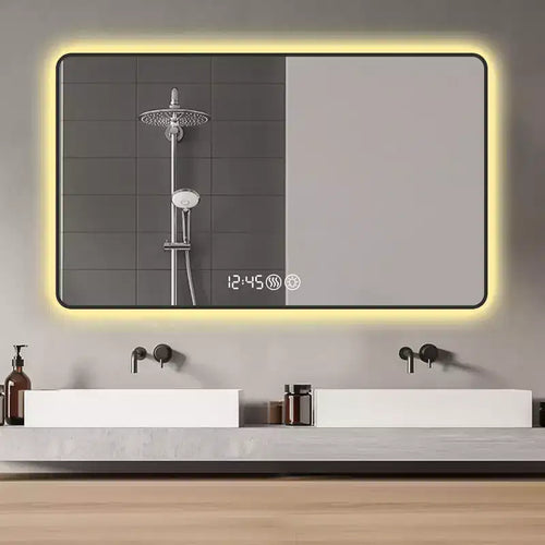 48 x 32 Black Aluminum Alloy Frame Bathroom Vanity Mirrors with Rounded Corners Vanity Mirror Tri Color Light Defogging