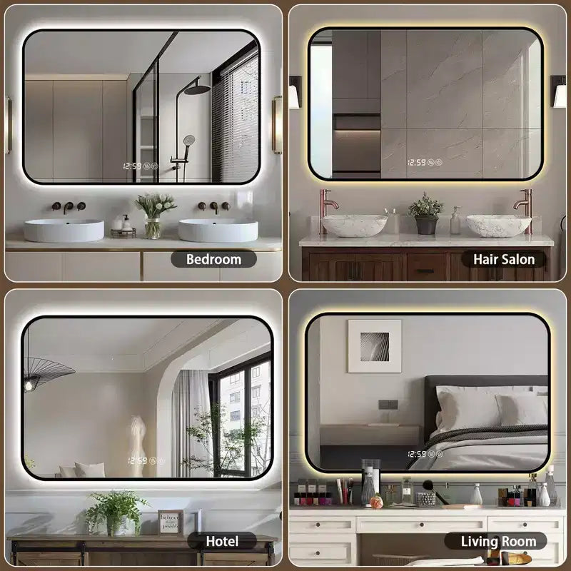 48 x 32 Black Aluminum Alloy Frame Bathroom Vanity Mirrors with Rounded Corners Vanity Mirror Tri Color Light Defogging