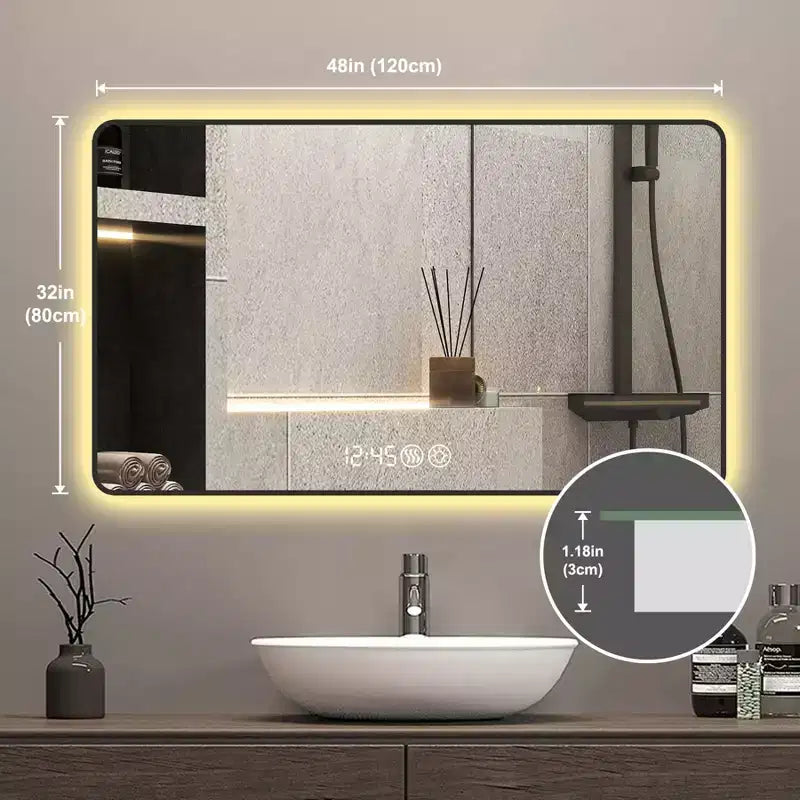 48 x 32 Black Aluminum Alloy Frame Bathroom Vanity Mirrors with Rounded Corners Vanity Mirror Tri Color Light Defogging