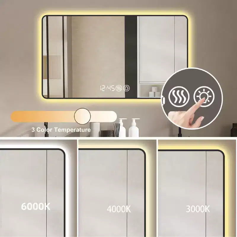 48 x 32 Black Aluminum Alloy Frame Bathroom Vanity Mirrors with Rounded Corners Vanity Mirror Tri Color Light Defogging