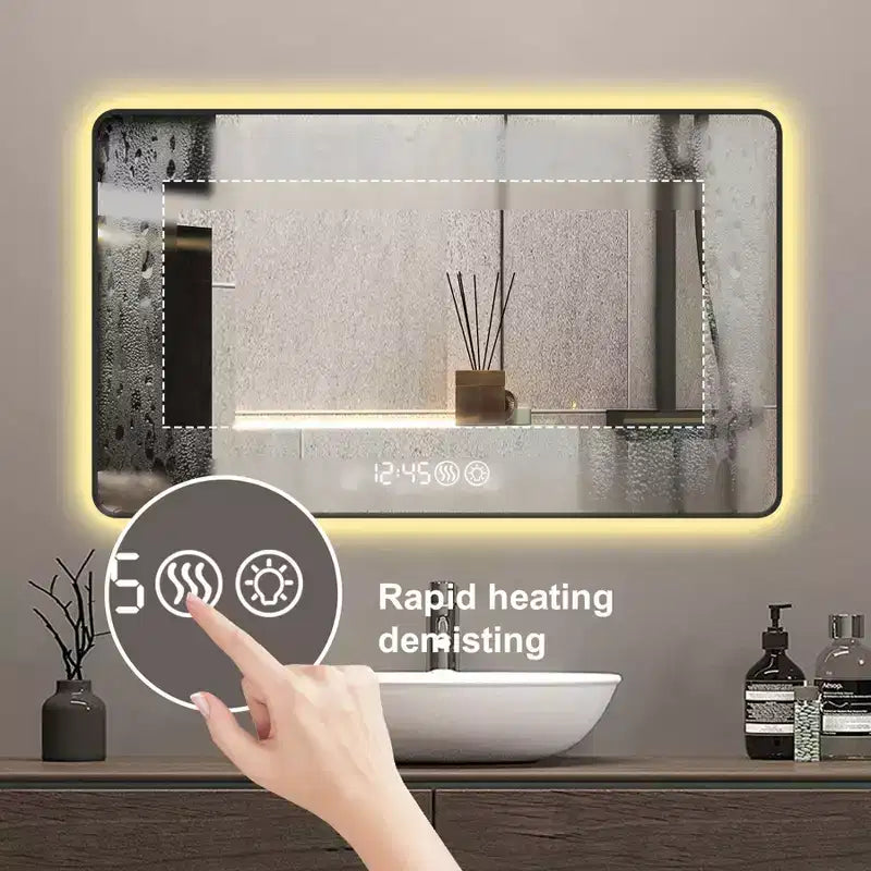 48 x 32 Black Aluminum Alloy Frame Bathroom Vanity Mirrors with Rounded Corners Vanity Mirror Tri Color Light Defogging