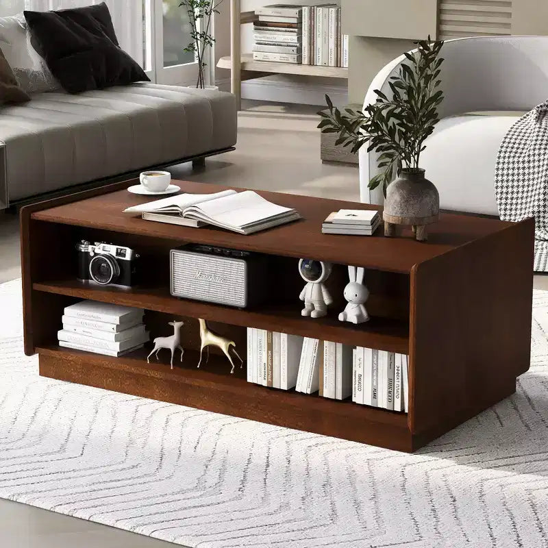 Modern Rectangle Coffee Table with Drawers, 47.2 Wood Fluted Center Table with Shelves for Living Room