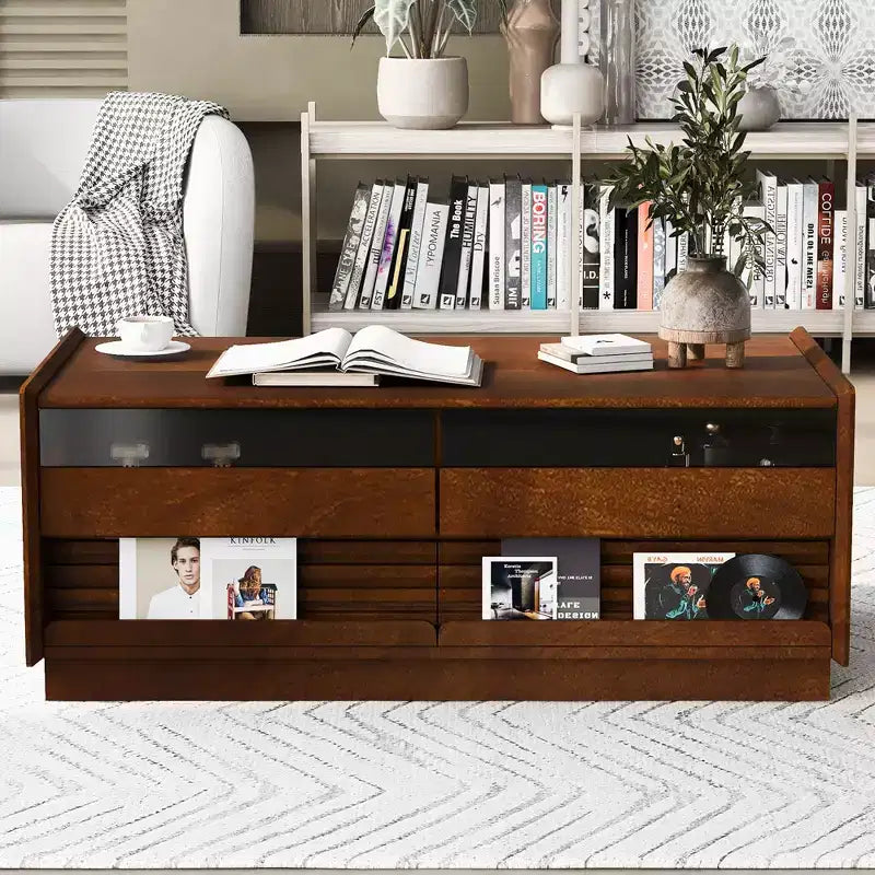 Modern Rectangle Coffee Table with Drawers, 47.2 Wood Fluted Center Table with Shelves for Living Room