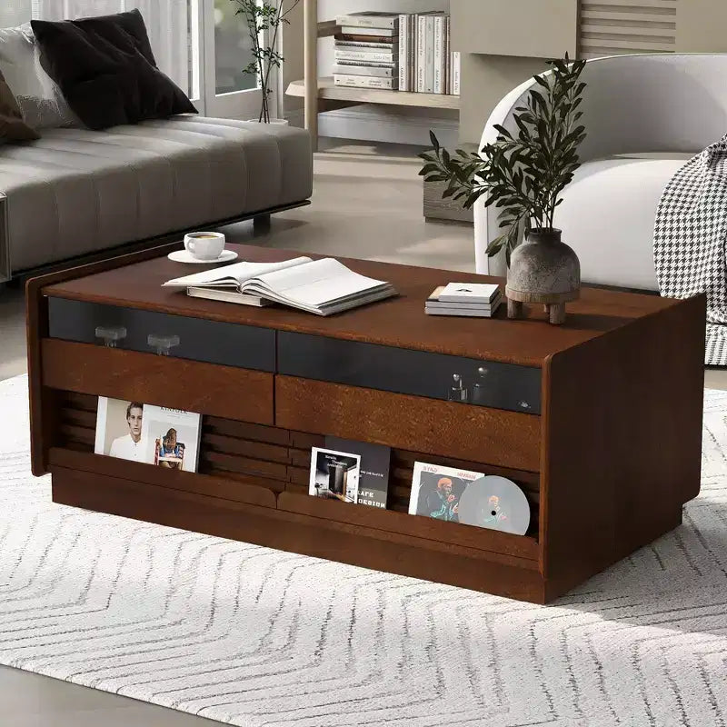 Modern Rectangle Coffee Table with Drawers, 47.2 Wood Fluted Center Table with Shelves for Living Room