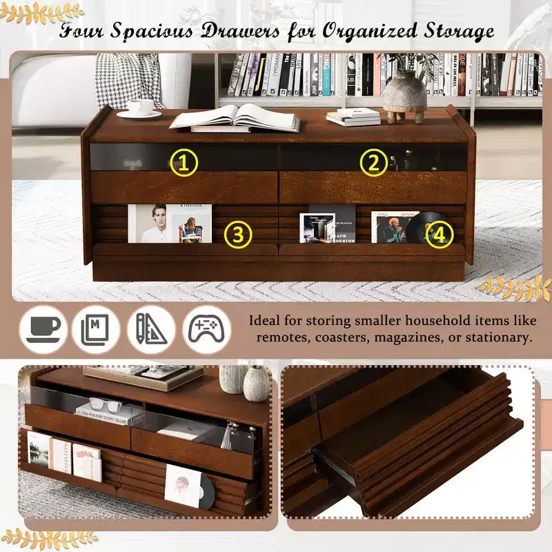 Modern Rectangle Coffee Table with Drawers, 47.2 Wood Fluted Center Table with Shelves for Living Room