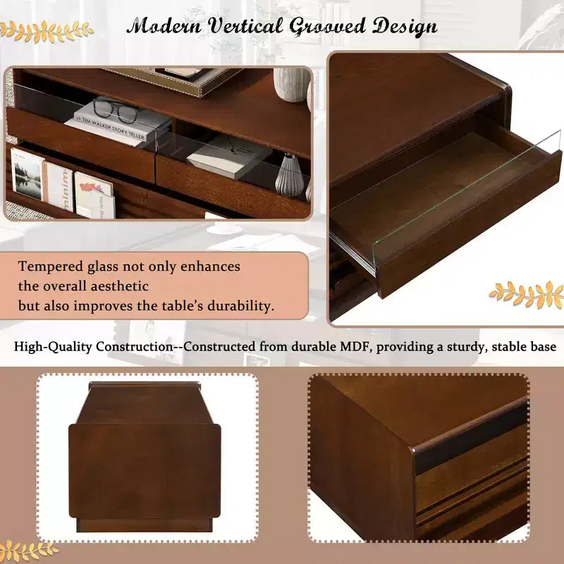 Modern Rectangle Coffee Table with Drawers, 47.2 Wood Fluted Center Table with Shelves for Living Room
