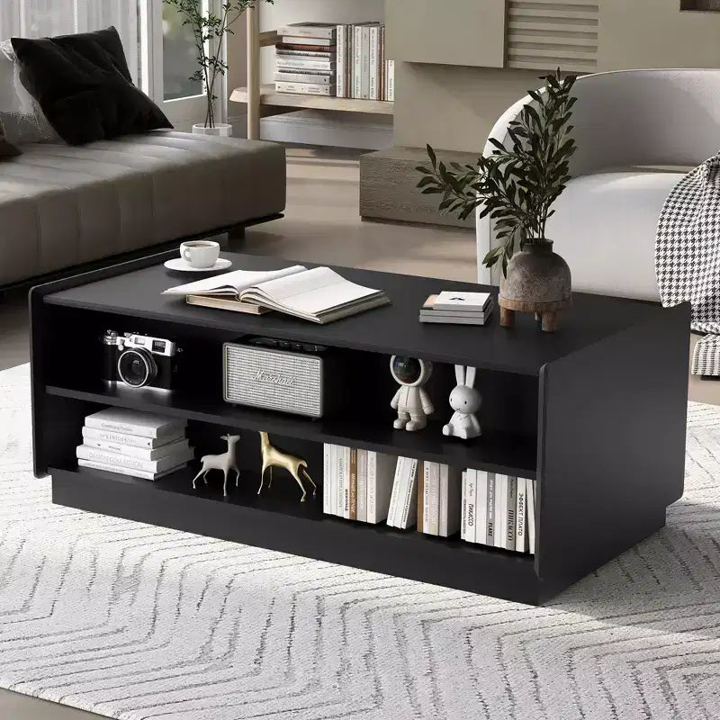 Modern Rectangle Coffee Table with Drawers, 47.2 Wood Fluted Center Table with Shelves for Living Room