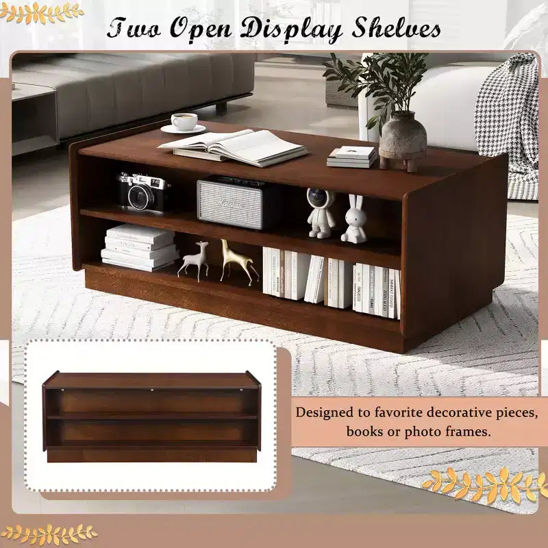 Modern Rectangle Coffee Table with Drawers, 47.2 Wood Fluted Center Table with Shelves for Living Room