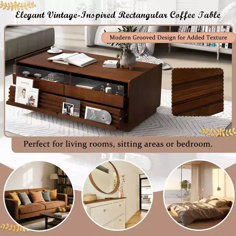 Modern Rectangle Coffee Table with Drawers, 47.2 Wood Fluted Center Table with Shelves for Living Room