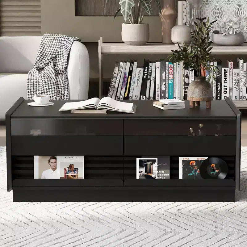 Modern Rectangle Coffee Table with Drawers, 47.2 Wood Fluted Center Table with Shelves for Living Room