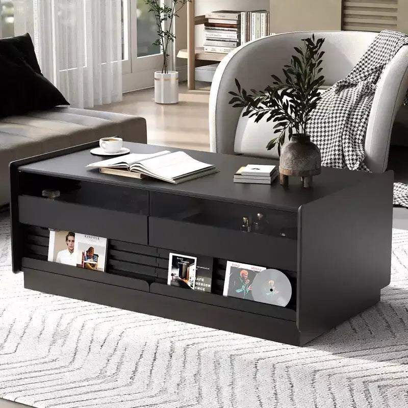 Modern Rectangle Coffee Table with Drawers, 47.2 Wood Fluted Center Table with Shelves for Living Room