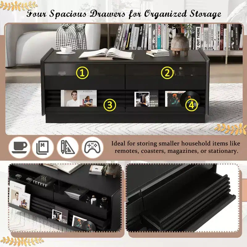 Modern Rectangle Coffee Table with Drawers, 47.2 Wood Fluted Center Table with Shelves for Living Room