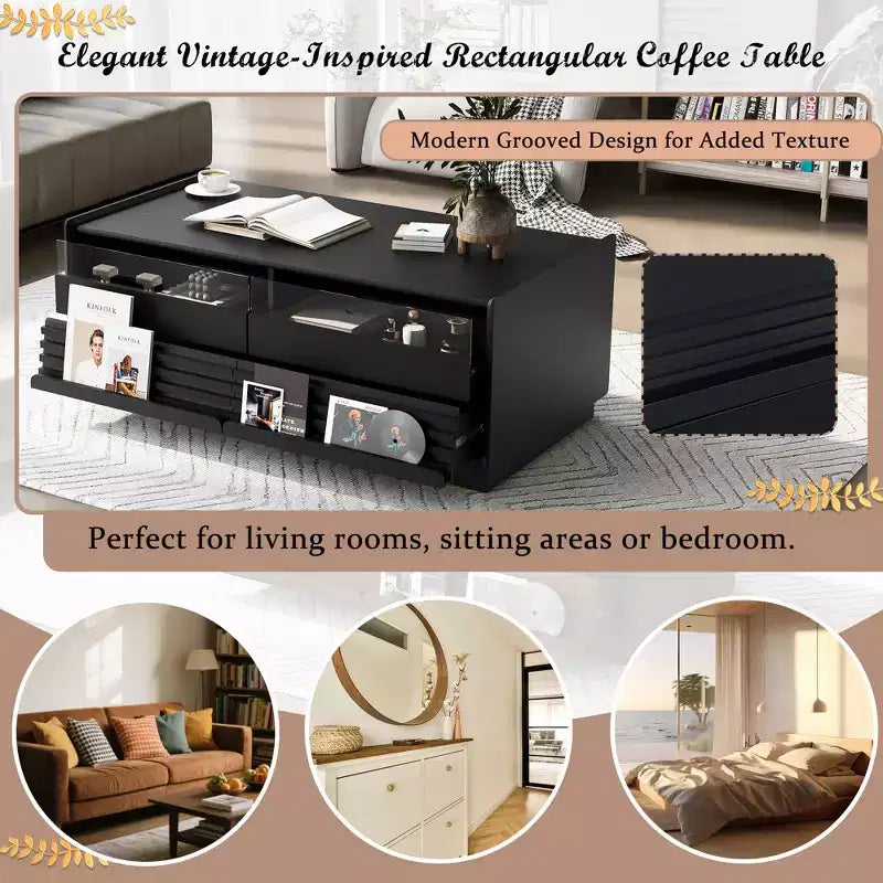 Modern Rectangle Coffee Table with Drawers, 47.2 Wood Fluted Center Table with Shelves for Living Room