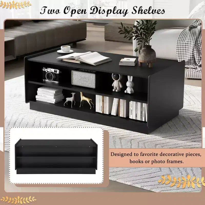 Modern Rectangle Coffee Table with Drawers, 47.2 Wood Fluted Center Table with Shelves for Living Room