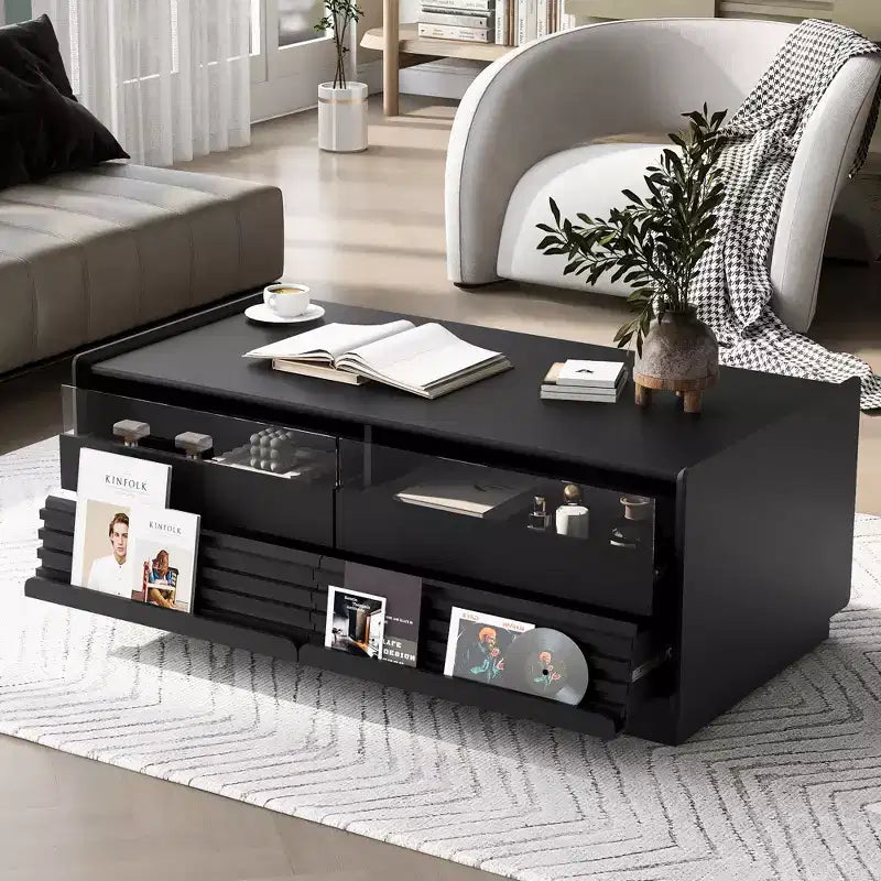 Modern Rectangle Coffee Table with Drawers, 47.2 Wood Fluted Center Table with Shelves for Living Room