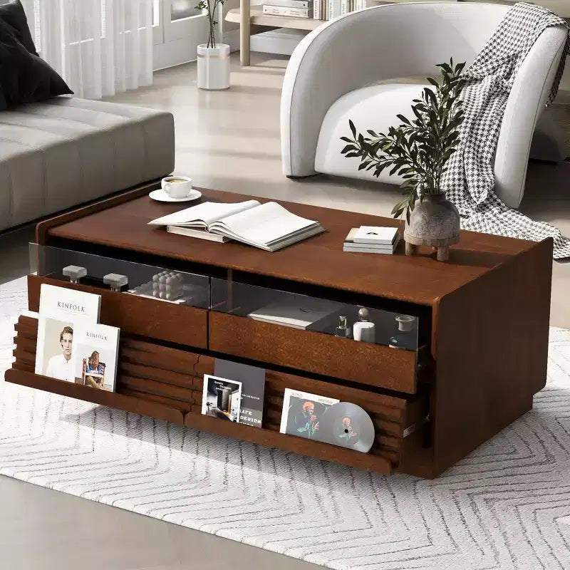 Modern Rectangle Coffee Table with Drawers, 47.2 Wood Fluted Center Table with Shelves for Living Room