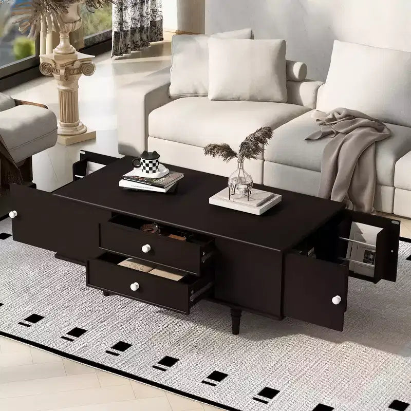 Rectangle Coffee Table with Drawers, 47.2 Wood Center Table with Hidden Storage Compartments for Living Room