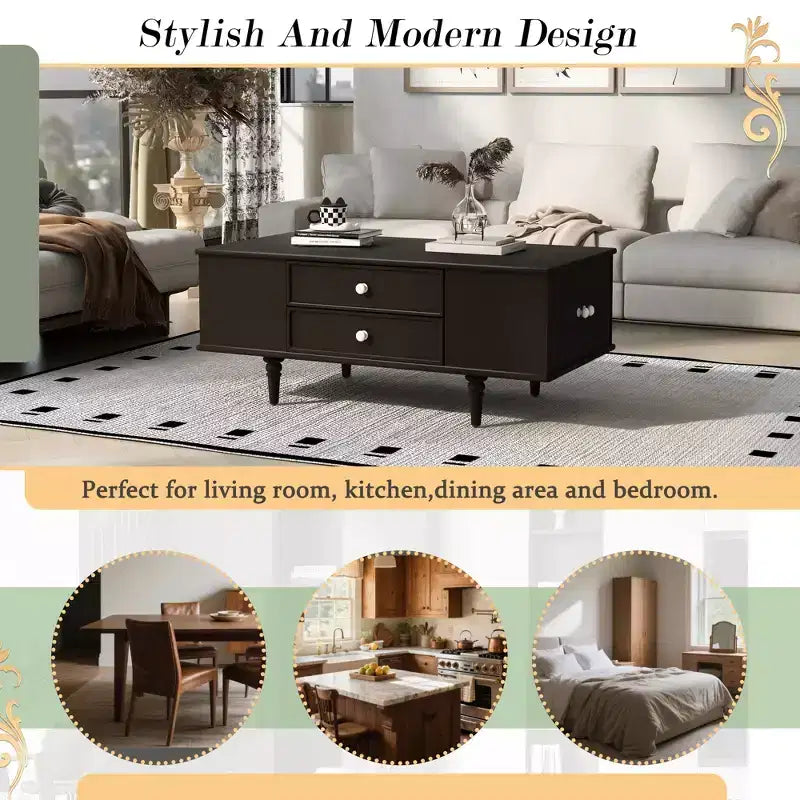 Rectangle Coffee Table with Drawers, 47.2 Wood Center Table with Hidden Storage Compartments for Living Room
