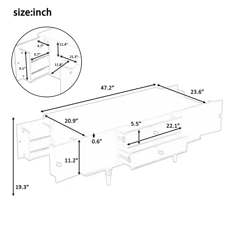 Rectangle Coffee Table with Drawers, 47.2 Wood Center Table with Hidden Storage Compartments for Living Room