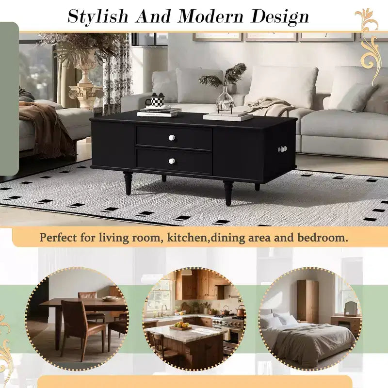Rectangle Coffee Table with Drawers, 47.2 Wood Center Table with Hidden Storage Compartments for Living Room