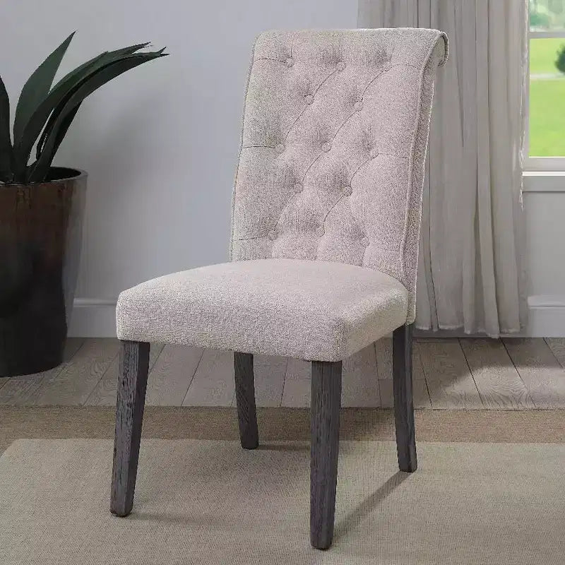 Set of 2 20" Yabeina Dining Chairs Beige Linen/Gray Finish - Acme Furniture: Tufted, Wooden Leg, No Assembly Required