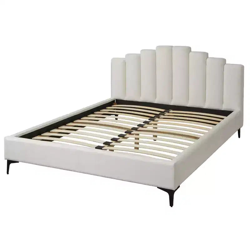 Lifestorey Stark Queen Upholstered Platform Bed White: Art Deco Skyscraper Headboard, No Box Spring Needed