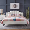 Lifestorey Stark Queen Upholstered Platform Bed White: Art Deco Skyscraper Headboard, No Box Spring Needed