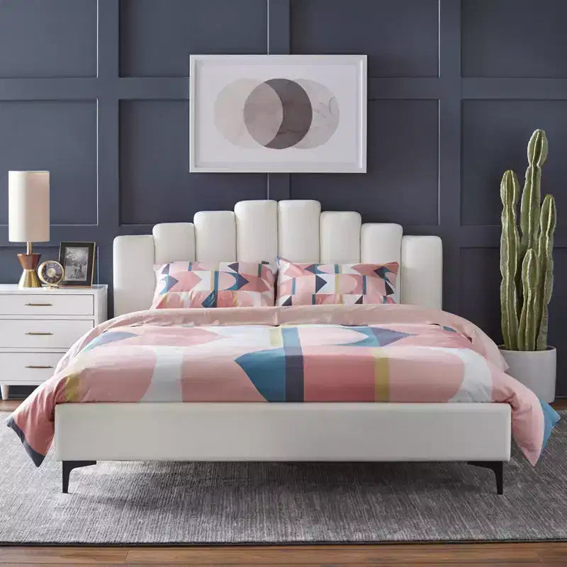 Lifestorey Stark Queen Upholstered Platform Bed White: Art Deco Skyscraper Headboard, No Box Spring Needed