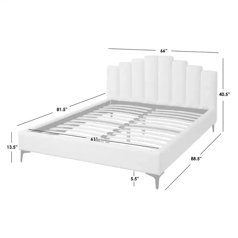 Lifestorey Stark Queen Upholstered Platform Bed White: Art Deco Skyscraper Headboard, No Box Spring Needed
