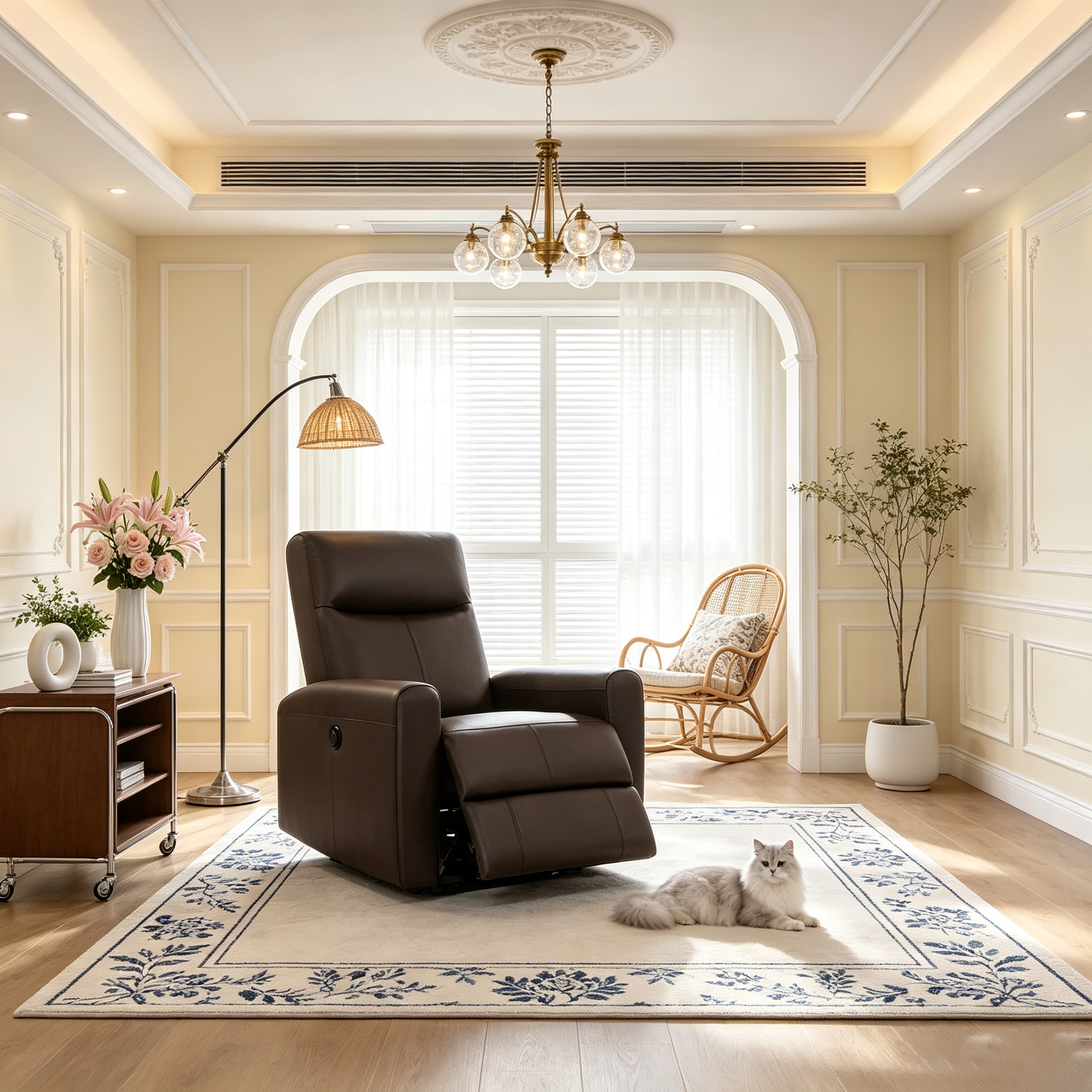 Fauteuil inclinable électrique en cuir et similicuir Blane, piètement en métal marron